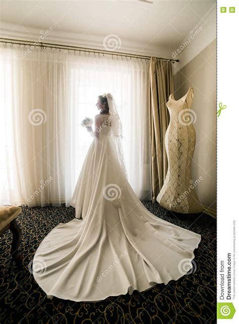 Gorgeous Happy Luxury Stylish Bride In White Dress And Veil Near Window