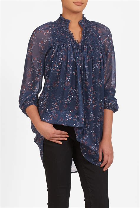 , chiffon blouses, Floral Print Tops, High-low hem tops, lightweight tops, Long Sleeve Tops 