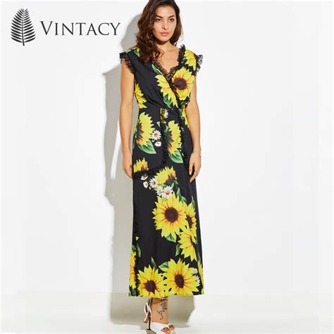 Vintacy Women Maxi Dress Sunflower Print Black Yellow Ankle Length