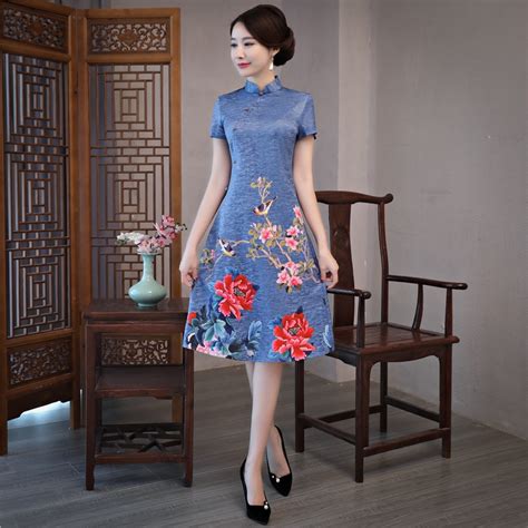 blue vintage flower chinese women satin dress novelty jacquard sexy a line qipao elegant