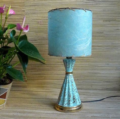Mid Century Lamp Fiberglass Shade Turquoise Gold Glazed Ceramic