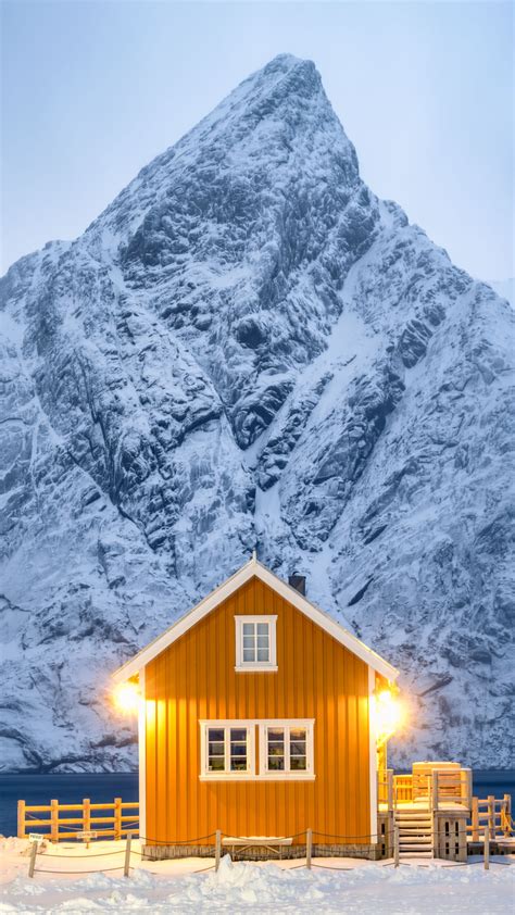 Download Wallpaper 2160x3840 House Lights Mountain Snow Winter