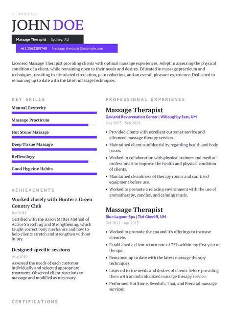 Massage Therapist Resume Example With Content Sample Craftmycv