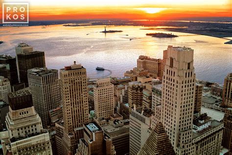 Aerial View Of Lower Manhattan And Ny Harbor At Sunset I Fine Art