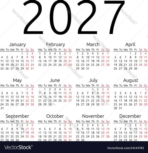 Simple Calendar 2027 Monday Royalty Free Vector Image