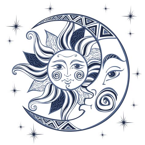 The moon and the sun. Ancient astrological symbol. Engraving. Boho