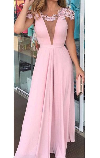 Macloth Cap Sleeves Deep V Neck Pink Long Prom Dress Vintage Wedding P