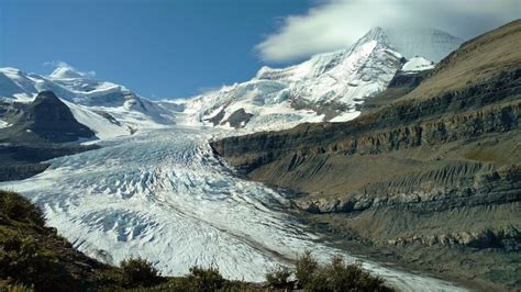 Robson Glacier Flows Down From Mt Robson Right Resplendent Mountain