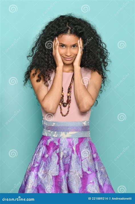 Pretty Young Dominican Girl With Gorgeous Curly Long Hair Stock Photo