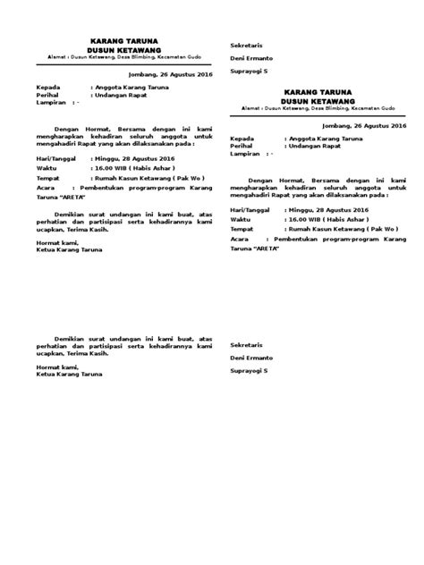 Panduan membuat dan contoh proposal 17 agustus. Contoh Surat Undangan Rapat Karang Taruna Docx - Sample ...