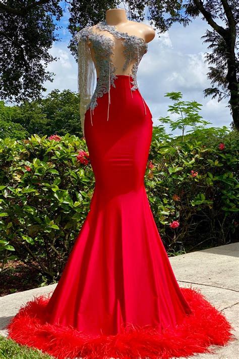 Luluslly Red Long Sleeves Prom Dress Mermaid Prom Dress With Feather