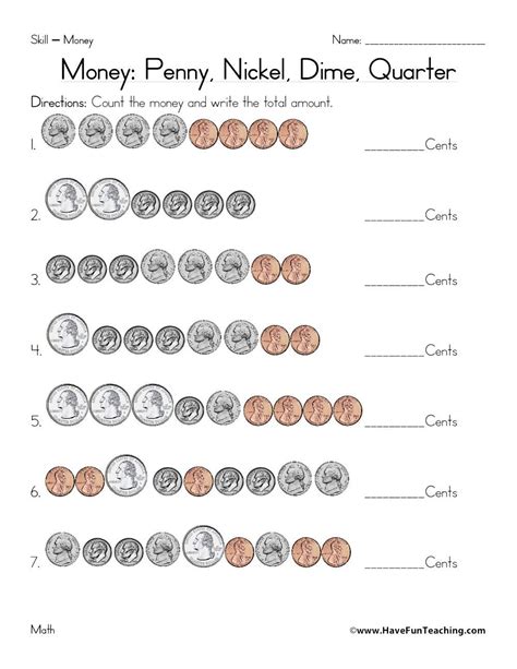 Counting Coins And Bills Worksheets