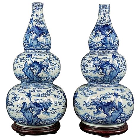 Large Stylish Pair Of Chinese Blue And White Triple Gourd Porcelain