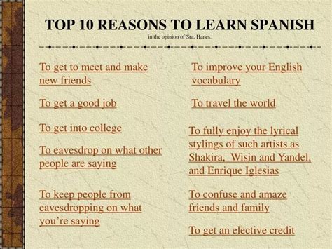 ppt top 10 reasons to learn spanish in the opinion of sra hanes powerpoint presentation id