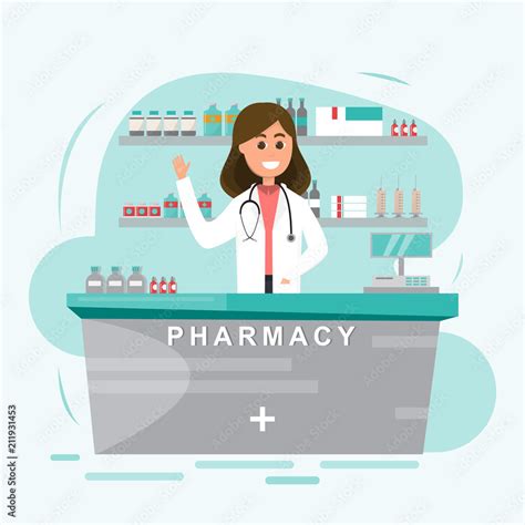 Pharmacy With Nurse In Counter Drugstore Cartoon Character Design