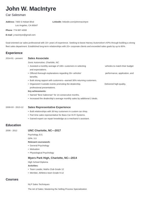 When writing your resume, be sure to reference the job description and highlight any skills, awards and certifications that match with the requirements. car salesman resume example template minimo in 2020 ...