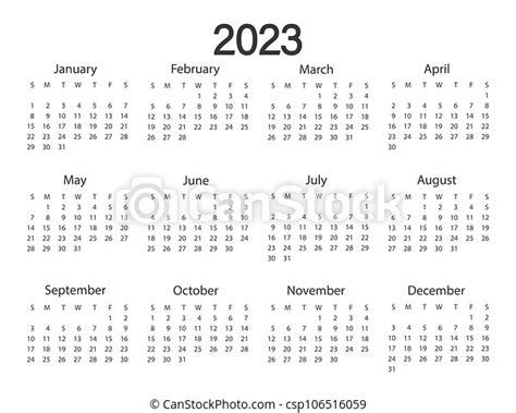 Calendar 2023 Year Vector Illustration The Week Starts On Sunday