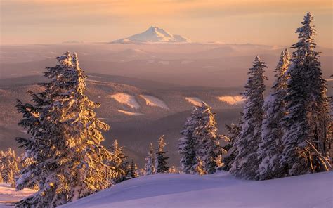 Sunset Mountains Landscapes Nature Winter Snow Trees