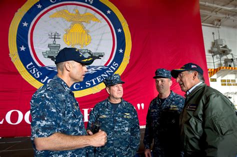 Defense Secretary Leon E Panetta Speaks With Navy Captain Ron Reis