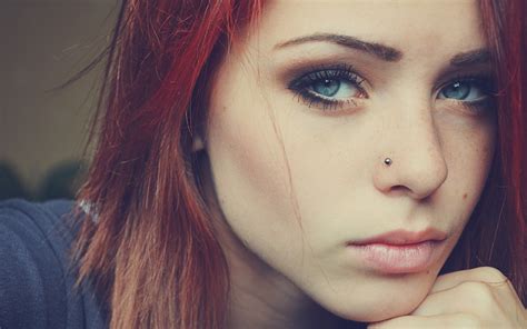 2560x1600 Women Redhead Blue Eyes Piercing Red Lipstick Nose Rings