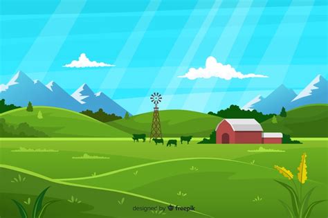Flat Farm Landscape Vector Free Download