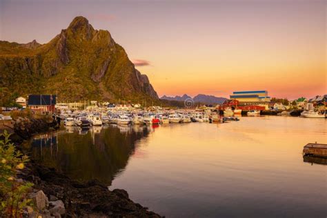 Many Yachts Anchored At The Marina Of Svolvaer On Lofoten Islands Stock