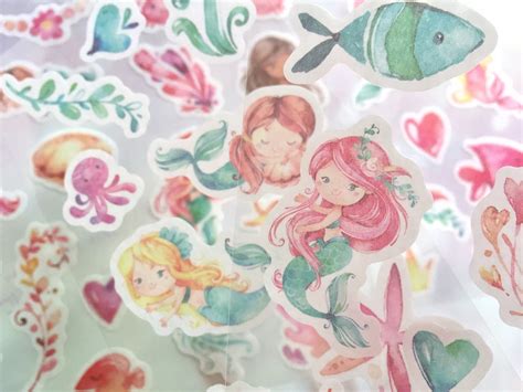 Set Of 6 Little Mermaid Sticker Cute Mermaid Cartoon Etsy