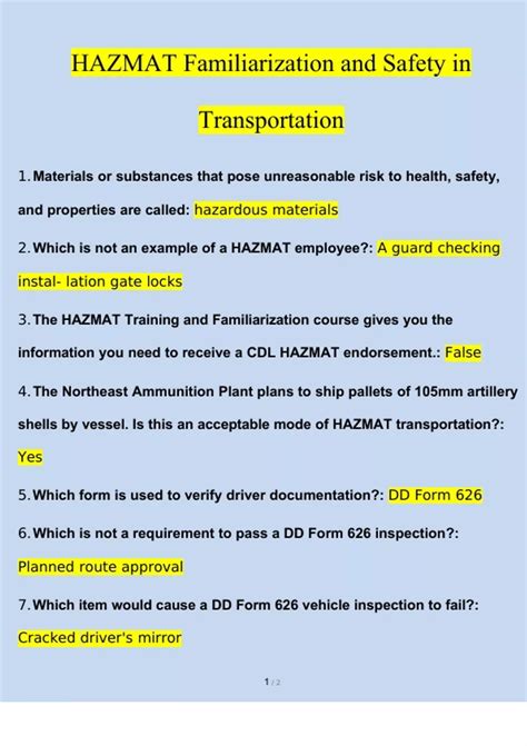 Hazmat Familiarization And Safety In Transportation A Graded 100