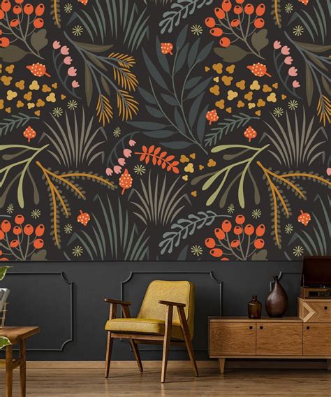 Wallpaper Leaves Botanical Peel And Stick Wallpaper Herbs Dark Etsy