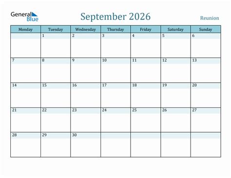 September 2026 Reunion Monthly Calendar With Holidays