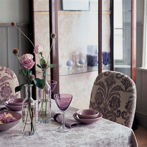 Online ordering menu for lilac house. Dining room with patterned tablecloth and chair | Ideal ...