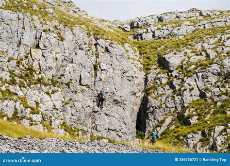 Rock Climbingat Attermire Scar Above Settle In The Yorkshire Dales