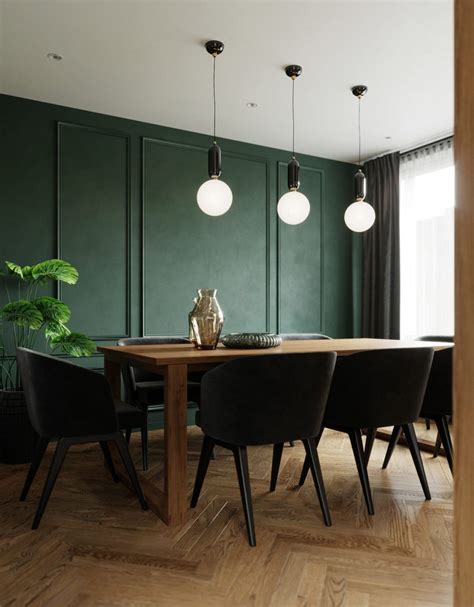 Emerald Green Accent Wall Paneling Modern Dining Room Interior Design