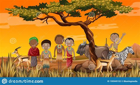 Ethnic People Of African Tribes In Traditional Clothing In Nature