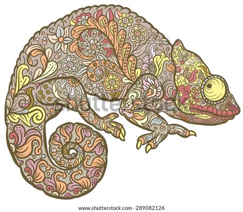 Zentangle Stylized Multi Coloured Chameleon Hand Stok Vektör Telifsiz