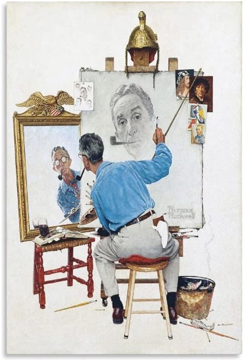 Amazon｜norman Rockwell ノーマンロックウェル偉大な世界クラスの画家絵画作品（ロックウェルトリプルセルフポートレートの詳細）アート印刷されたポスター キャンバス 壁アート