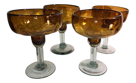 Mexican Hand Blown Bubble Margarita Glasses Set Of 4 On Mexican Glassware Hand
