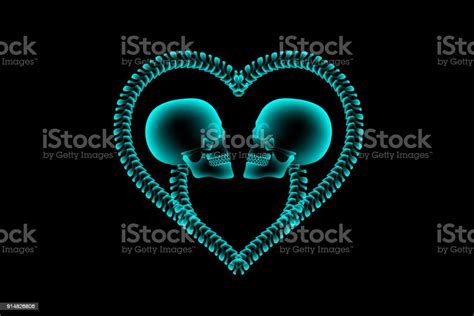 Skull Couple Xray With Heart Frame Symbol Made From Spine Love Concept Design Side View