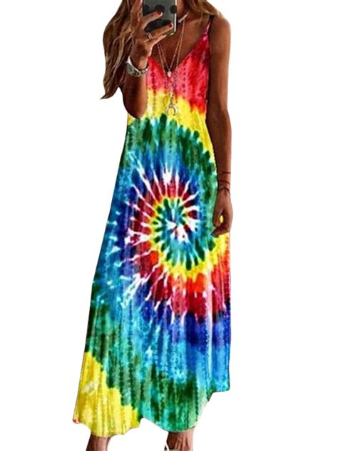 Lallc Womens Tie Dye Sleeveless Strappy Long Maxi Dress Boho Beach Casual Sundress Walmart