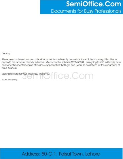 Referral letter sample f opening a checking account student teqvest bank manager open my acount leeter request to open an account letter giving permission to someone to open a checking account. Letter To Open a Bank Account In Another City - SemiOffice.Com
