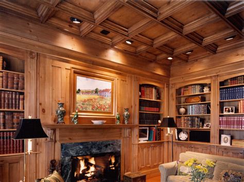 Our knotty pine paneling is crafted. Den Coffer Ceiling in Knotty Pine with Fireplace ...