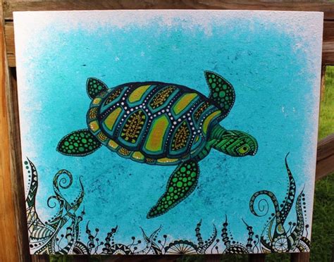 Zentangle Sea Turtle Painting 18 By 24 With Blue