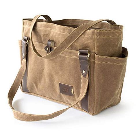 Waxed Canvas Tote Bag With Pockets Personalized Large Shoulder Handbag Brown No