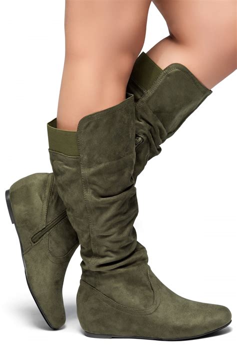 herstyle women s wide calf faux suede slouchy hidden wedge boot rosemarry olive boots