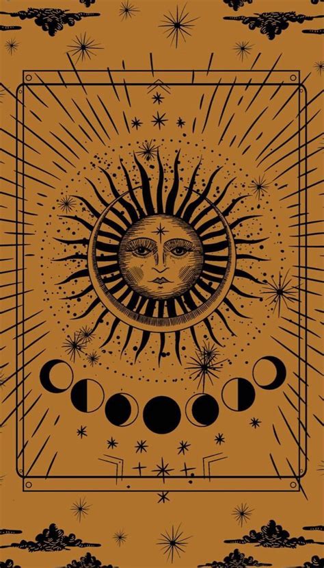 The Sun And Moon Are Depicted In This Black And Orange Illustration
