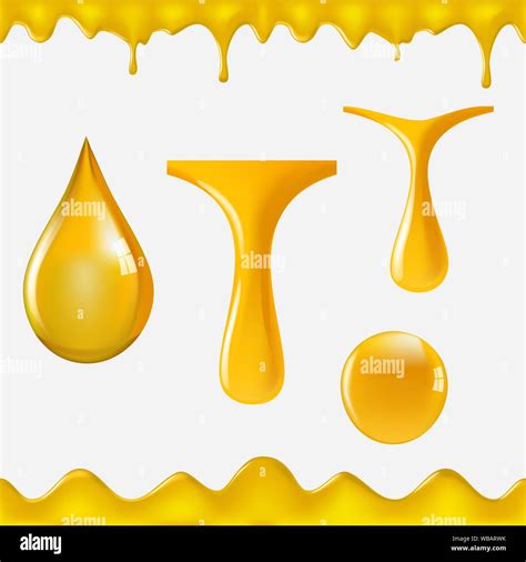 Dripping Honey Golden Yellow Realistic Syrup Or Juice Dripping Liquid Oil Splashes Vector