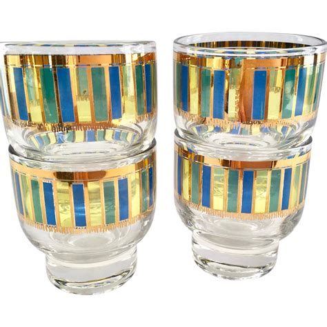 Mid Century Gold Blue And Green Striped Stacking Cocktail Glasses Set Of Four With Images