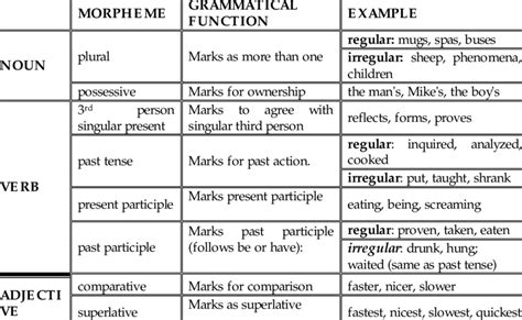 In linguistics, functional morphemes, also sometimes referred to as functors, are building blocks for language acquisition. The Eight English Inflectional Morphemes | Download Table