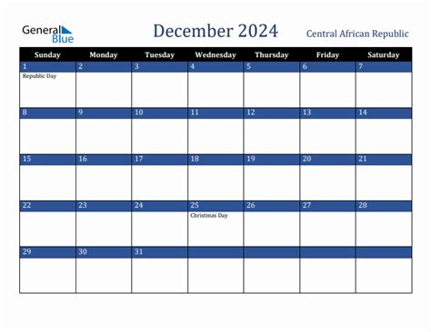 December 2024 Calendar With Central African Republic Holidays