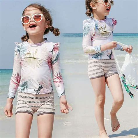 Korean Children Cute Two Pieces Swimsuit Printed Girls Beach Wear Long